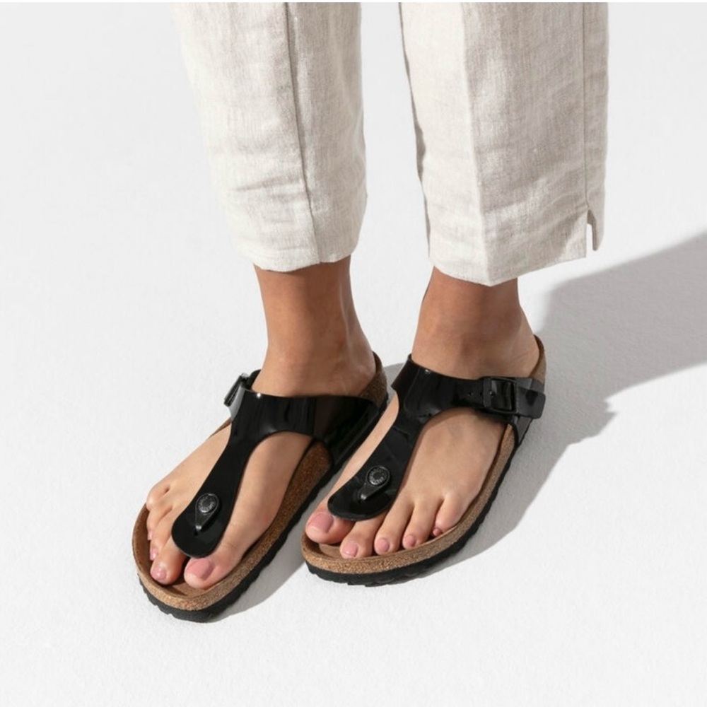 BIRKENSTOCK Gizeh Black Patent Leather Sandals Birko-Flor Size 8 Euro 38